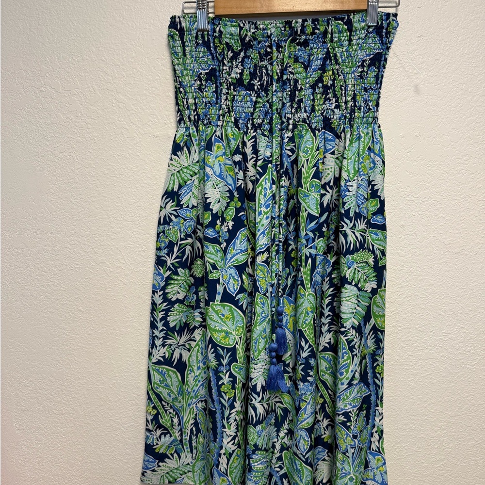 Gretchen Scott One Size Blue Green Tropical Smocked Strapless Midi Dress Tassel - Picture 2 of 9